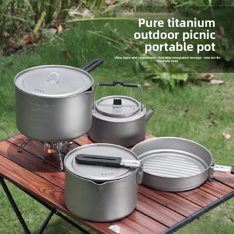 Camping Lightweight Cooking Pot - Lightweight Pure Titanium Pot Set, Outdoor