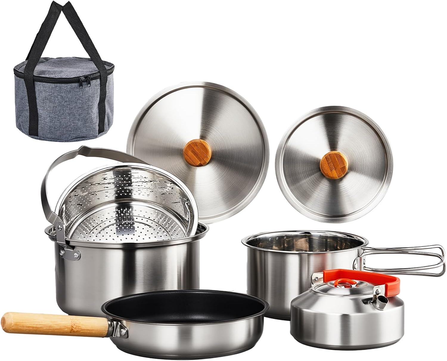Camping Lightweight Cooking Pot - 6pcs Cookware Set, 304 Stainless Steel